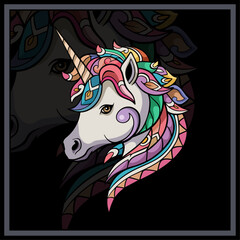 Colorful Unicorn head mandala arts.