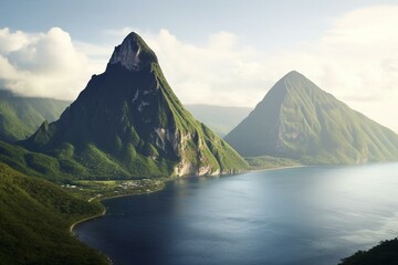 A wide view of two majestic peaks in Saint Lucia, Caribbean. Generative AI - obrazy, fototapety, plakaty