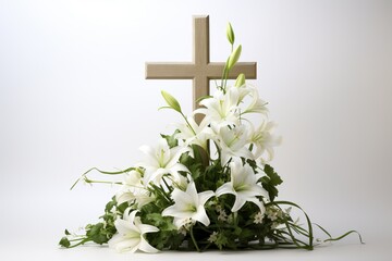 cross with lilies isolated on white background
