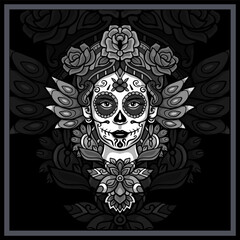 Monochrome Calavera girl head mandala arts.