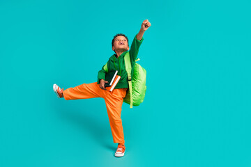 Full size photo of cheerful boy wear green hoodie hold book catching object look empty space...