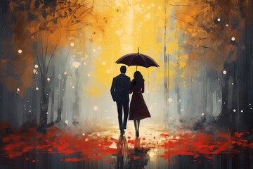 lovers couple under umbrella. Man and woman romantic walking in beautiful place, between trees. 