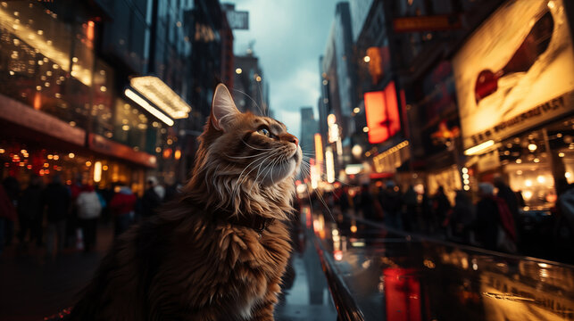A Maine Coon majestic long haired cat looks up mesmerized by the glowing city lights at dusk with bustling crowds and neon signs reflected on a wet street.