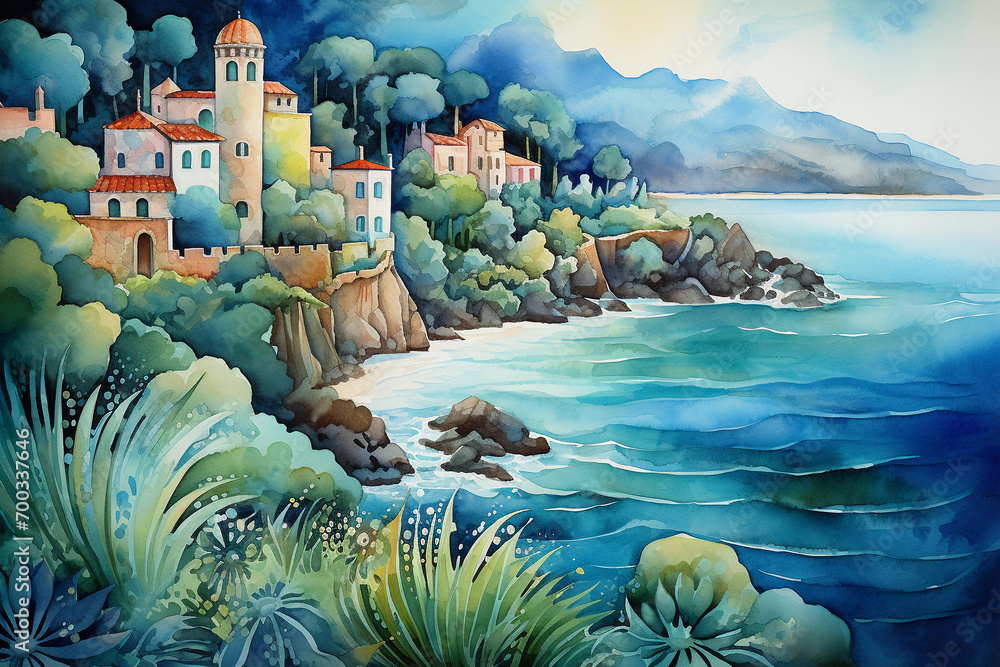 Sticker watercolor painting of a castle on the shore of the sea. beautiful mediterranean coastline landscape