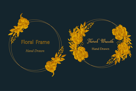 Luxury elegant wreath hand drawn round floral frames set. Vector illustration for label, corporate identity, logo, branding, wedding invitation, greeting card, save the date