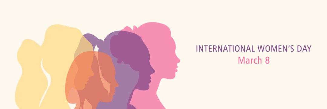 Horizontal banner for International Women's Day. Silhouettes of women of different nationalities standing side by side.Vector illustration.
