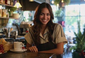 a young female waitress smiling at her customers in a cafe