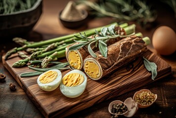 a wooden board with an egg and asparagus rolls in it - obrazy, fototapety, plakaty