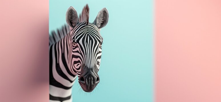 a zebra peeking out of a blue and pink wall
