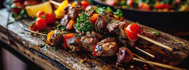 an image of kebab on wooden table, with vegetables and meat on top