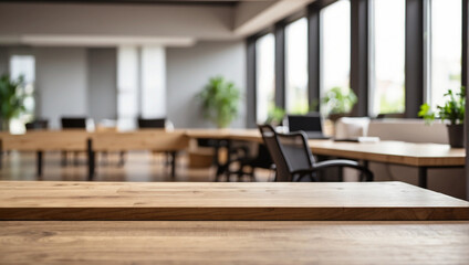 empty and clean wooden table with blurry office room - obrazy, fototapety, plakaty