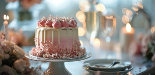 an elegant pink birthday cake with champagne and wedding cake - obrazy, fototapety, plakaty