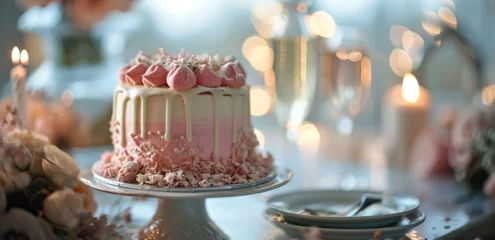 Fotobehang an elegant pink birthday cake with champagne and wedding cake © olegganko