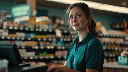 a woman in a polo shirt standing at a register in a store