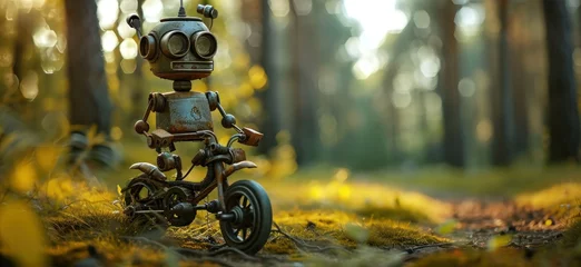 Foto auf Acrylglas Fahrrad an old robot on a bicycle in the forest