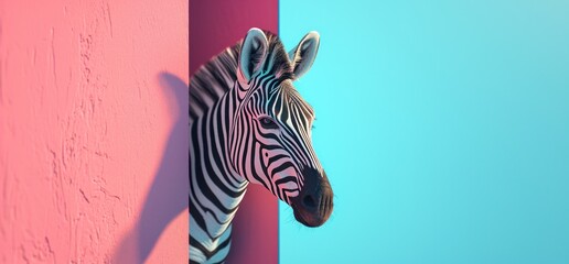 a zebra peeking out of a blue and pink wall