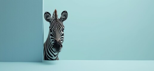 a zebra peeking out of a blue and pink wall