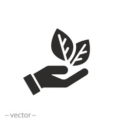 hand with leaves icon, environmental protection, care nature, eco friendly, flat symbol - vector illustration - obrazy, fototapety, plakaty