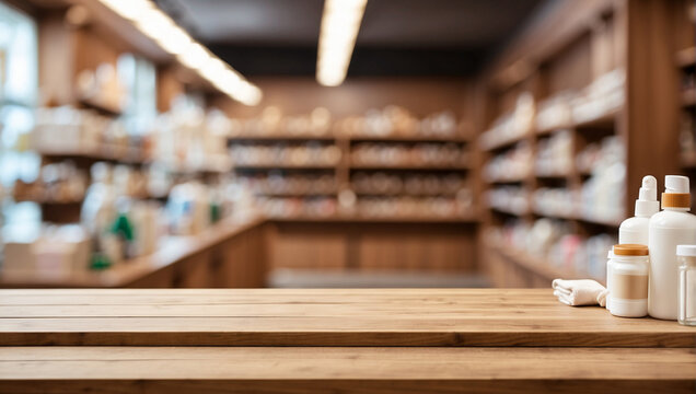 empty and clean wooden table with blurry drugstore