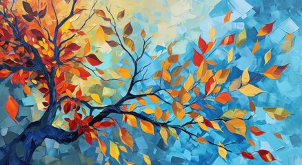 an original artwork with colorful leaves on a tree,
