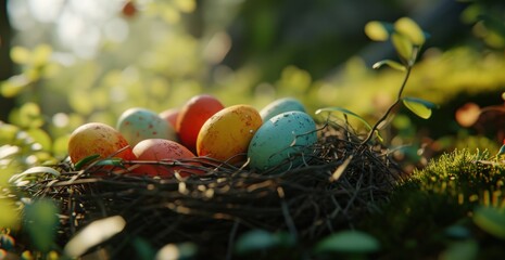 Fototapeta na wymiar colorful eggs in a nest in a garden