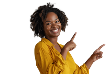  Mulher em fundo branco apontando com o dedo, imagem para publicidade