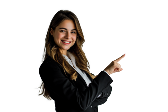 Mulher em fundo branco apontando com o dedo, imagem para publicidade