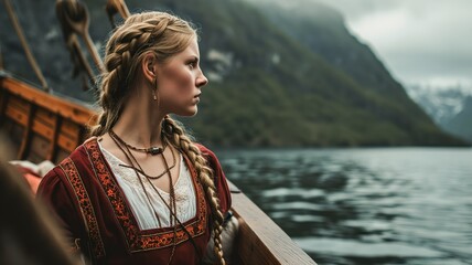 Traditional Scandinavian Woman on a Viking Boat. Generative AI. - obrazy, fototapety, plakaty