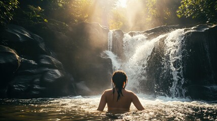 Serene Waterfall Experience in Tropical Paradise. Generative AI.