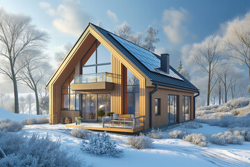 Modern eco friendly passive house with solar panels on the gable roof, in winter landscape - obrazy, fototapety, plakaty