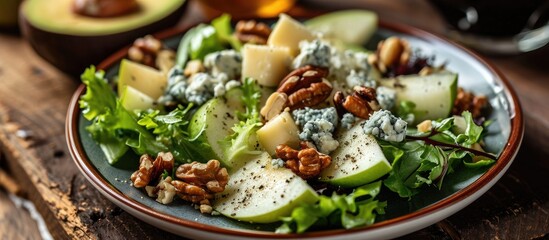 Avocado, blue cheese, walnuts, and pears on a green salad. - obrazy, fototapety, plakaty