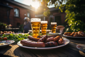 A glass of foamy beer and sausages on a wooden table in the garden in the sun. - obrazy, fototapety, plakaty