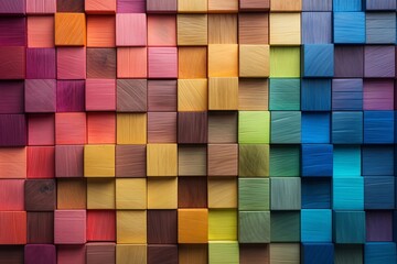 Colorful wooden blocks background. Multicolored wooden cubes in rows. Generative AI