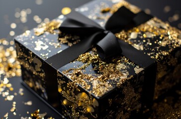 black box with gold ribbon and gold confetti
