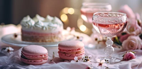 Crédence de cuisine en verre imprimé Macarons cake and glasses on a table with two macarons