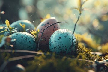 colorful eggs in nature on spring background