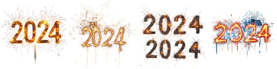 Happy New Year 2024  with Firework Sparkles Hyperrealistic Highly Detailed Isolated On Transparent Background Png File