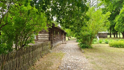 An old wooden house with a shingle roof stands next to barn, bushes and trees with whitewashed trunks. A cobblestone road leads to the house along a vine fence through a grassy lawn. Summer weather 