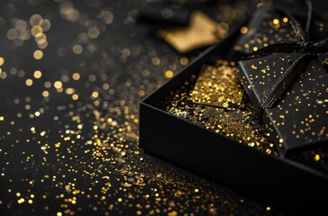 black box with gold ribbon and gold confetti - Powered by Adobe