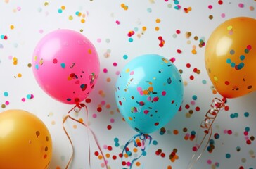 colorful balloons and confetti on a white background