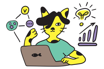 cat in vector.business icon in doodle style. illustration of human cat. Template for logo sticker poster icon app website. A series of furry cats in business and life.