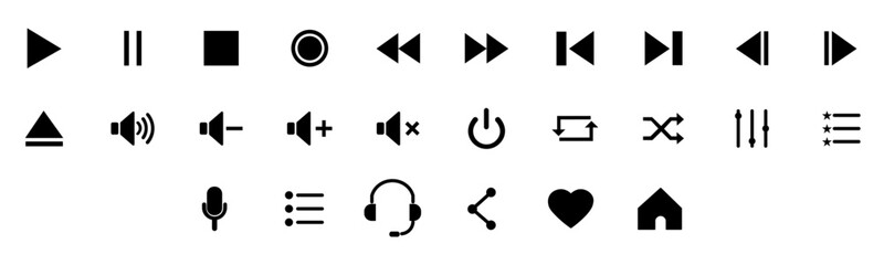 Media player icon set. Collection of multimedia symbols and audio, music speaker, interface, media player button design. Play, pause, stop, record, fast forward, rewind media player vector black icons - obrazy, fototapety, plakaty