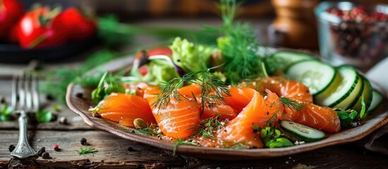 Smoked salmon and cucumber salad on a wooden table. - obrazy, fototapety, plakaty