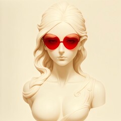Statue with red heart shaped glasses: A classical bust of a woman, reimagined with a pair of fashionable red heart-shaped glasses, symbolizing modern beauty and timeless elegance.