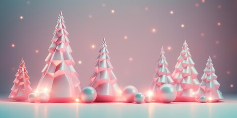 Creative futuristic cyberpunk composition made of Christmas trees with orange and blue neon lights on pastel background. New Year party concept