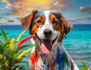 Beagle dog with colorful paint on the beach at sunset in summer - obrazy, fototapety, plakaty