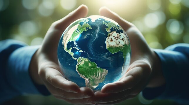 Close-up photo captures hands embracing the globe - a poignant symbol of life, earth care, and the worldwide call for environmental protection.