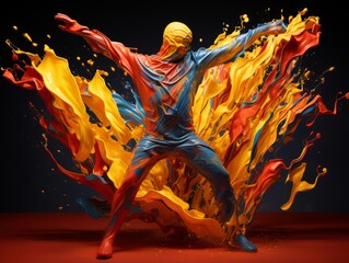 Man dancing in abstract liquid in red, yellow and blue color, movement 