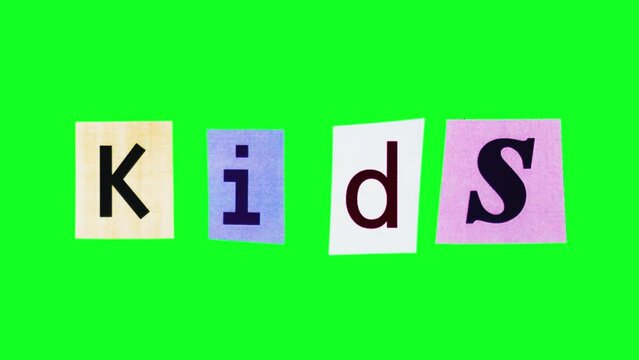 Animation with colorful elements and printed letters on them composing the word kids. Text related to education and childhood appear on green screen in loop stop motion. Easily replaced chroma key