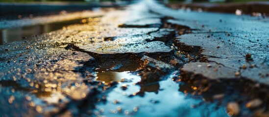 Damaged road with potholes and water. - obrazy, fototapety, plakaty